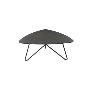 Gaia Triangular Coffee Table with Ceramic Top, Tabletop features grey marble finish with white veining · Painted Italian ceramic is layered over black tempered glass for a beautiful faux stone finish