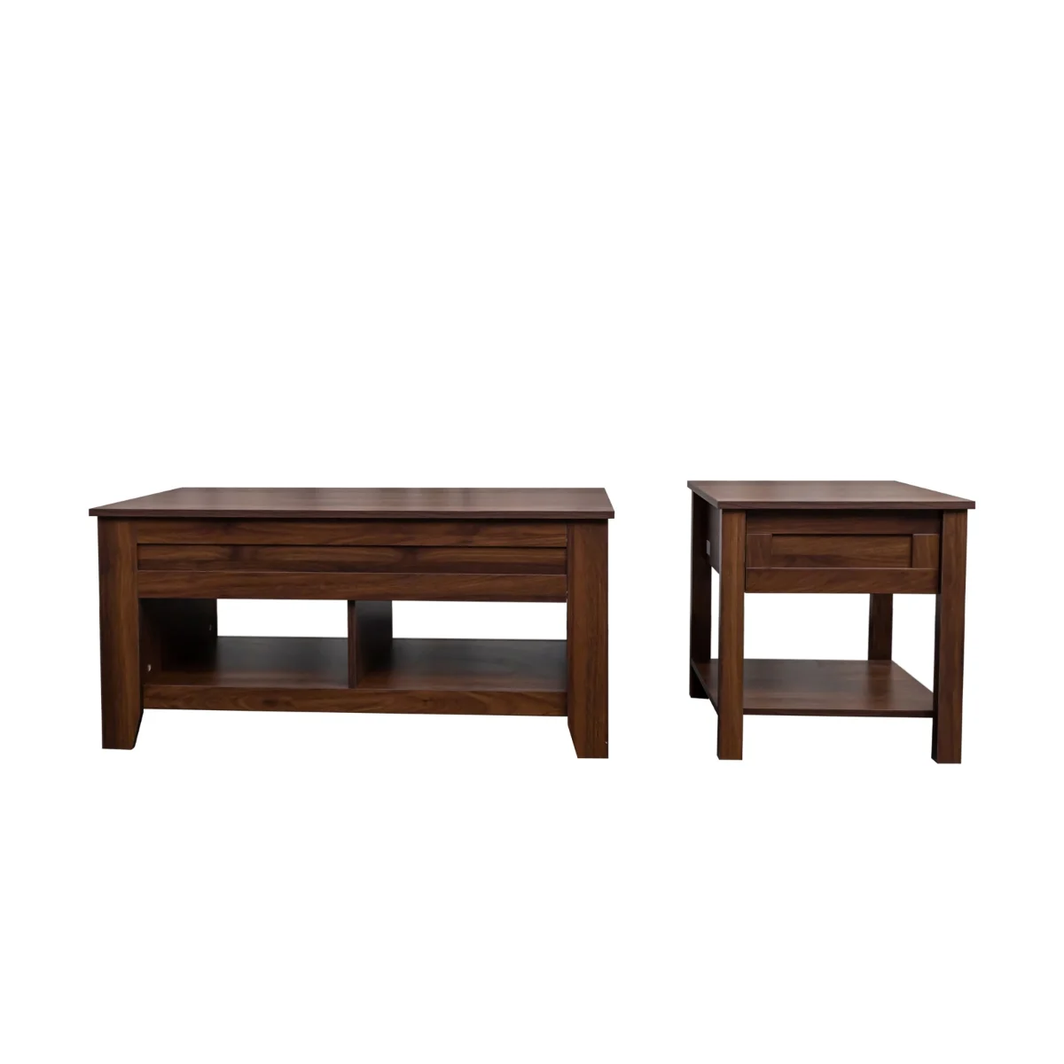 Irmias 2-piece Set Pack: Lift-Top Coffee Table & End Table, Brown Walnut, Brown faux walnut finish with realistic printed wood grain
