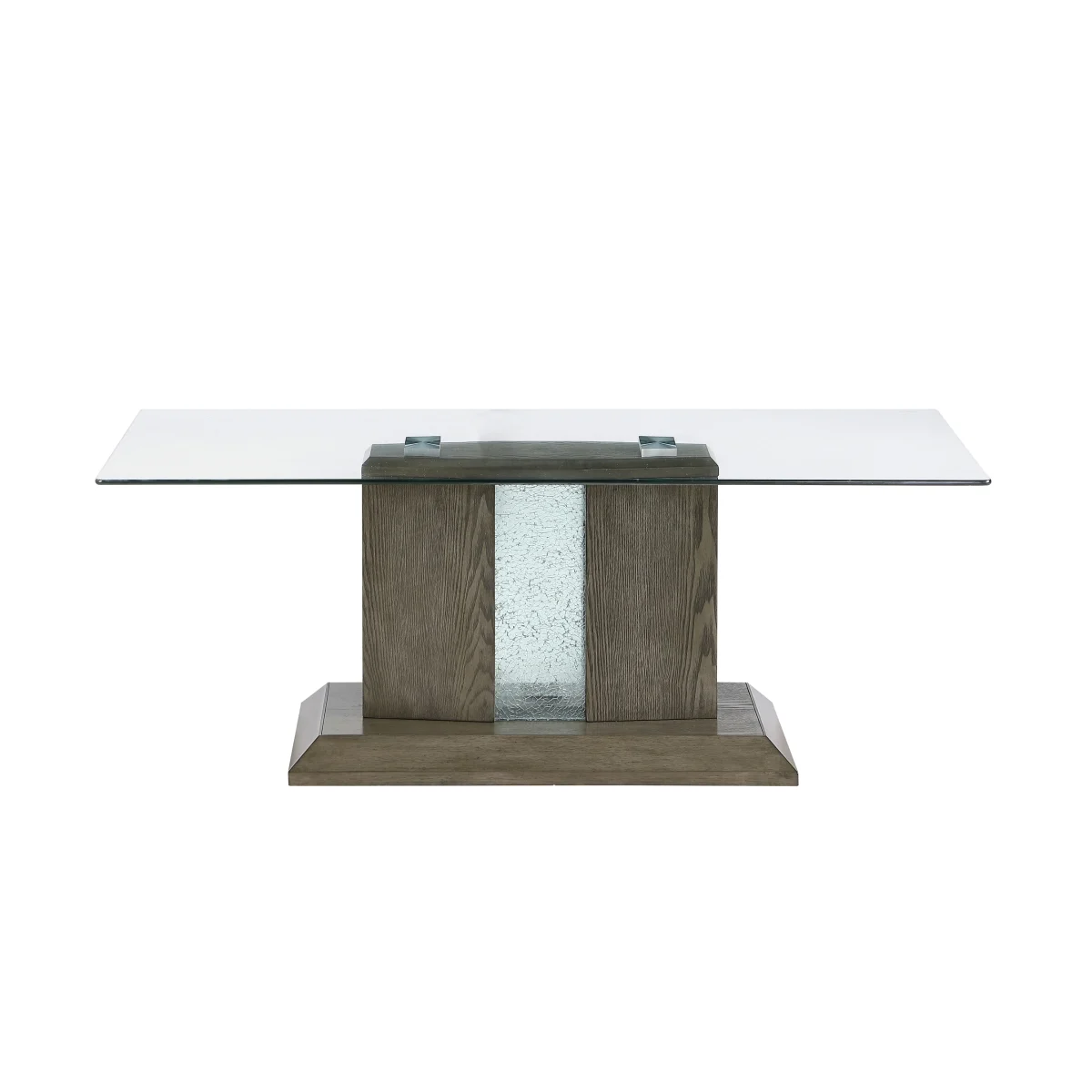 Spectra Coffee Table with Glass Top & LED Base, Grey wood finish · Pedestal base is embedded with glass panels with an eye-catching etched finish