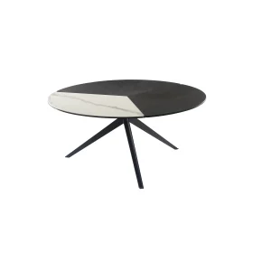 Titan Round Coffee Table with Ceramic Top, Tri-tone tabletop features rich finishes in white marble, grey slate, and volcanic black stone · Painted Italian ceramic is layered over black tempered glass for a beautiful faux stone finish