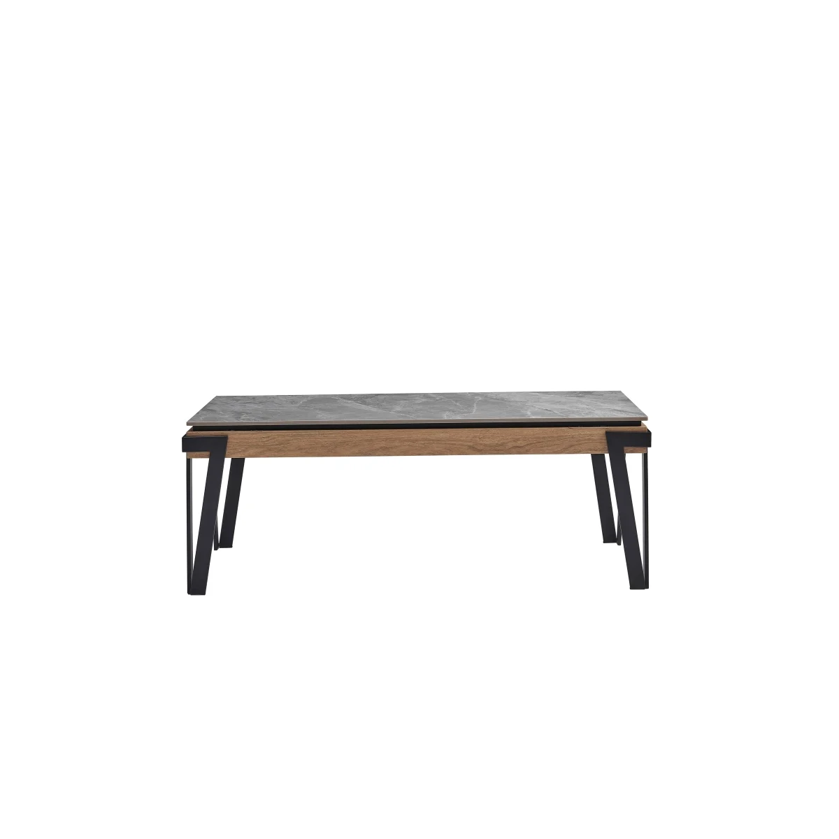 Dawn Coffee Table, Grey Sintered Stone with Black Metal Legs, Solid wood apron with a natural wood finish