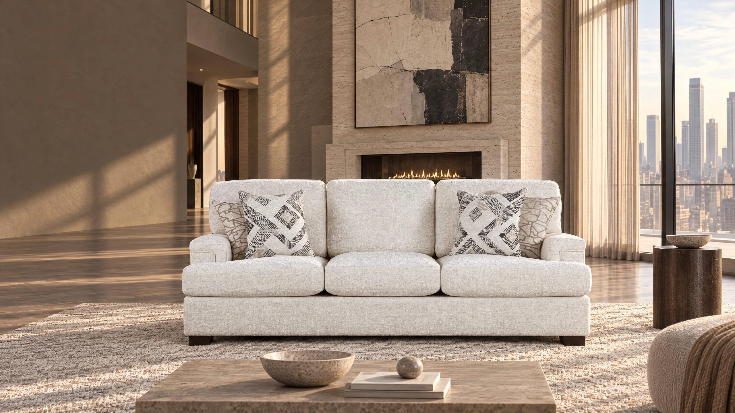Orson 9603CR-3 cream chenille sofa shown in a digitally styled luxury living room