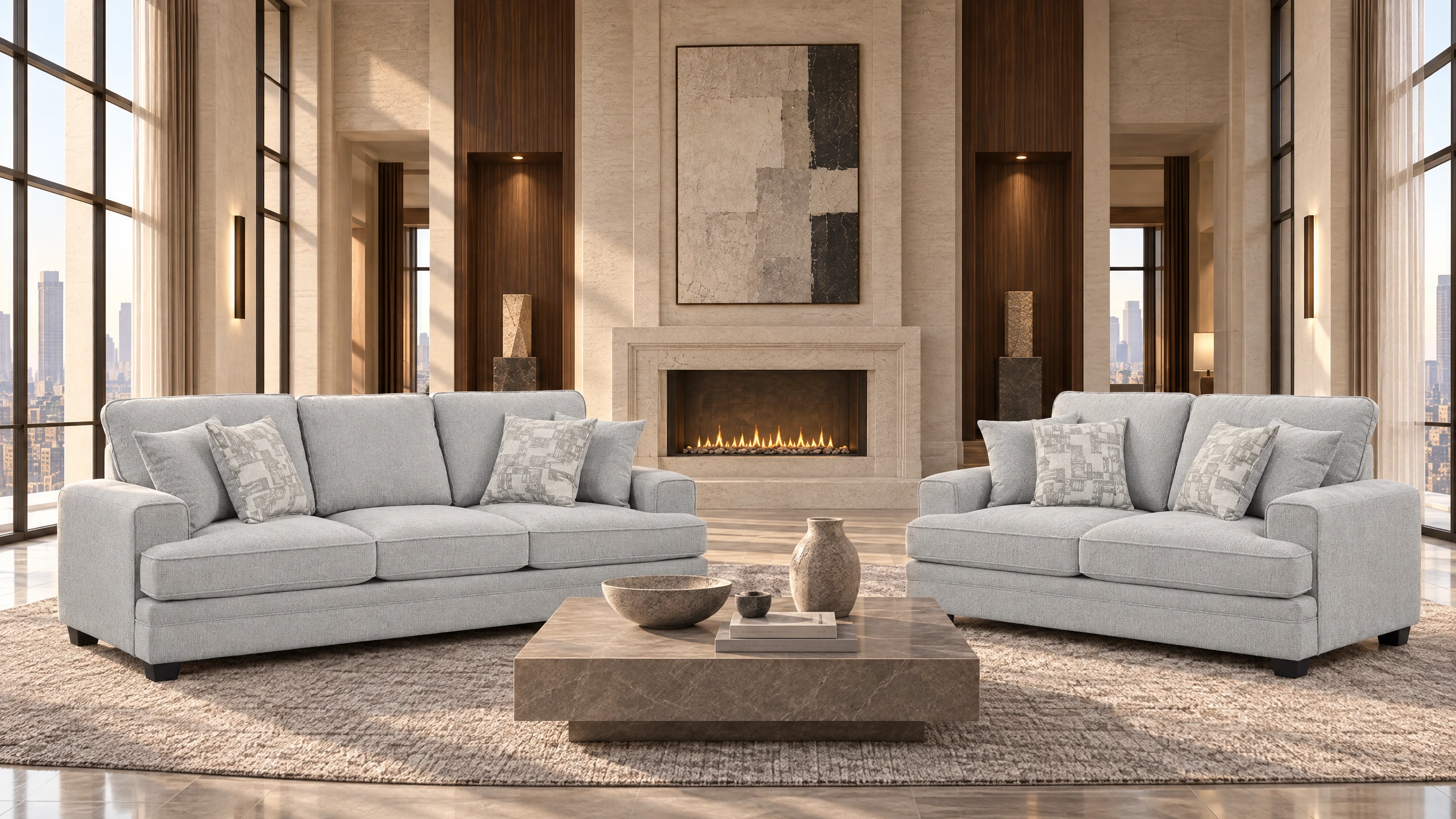 Sarah stone-gray three-seat sofa and coordinating two-seat loveseat in a digitally styled luxury room