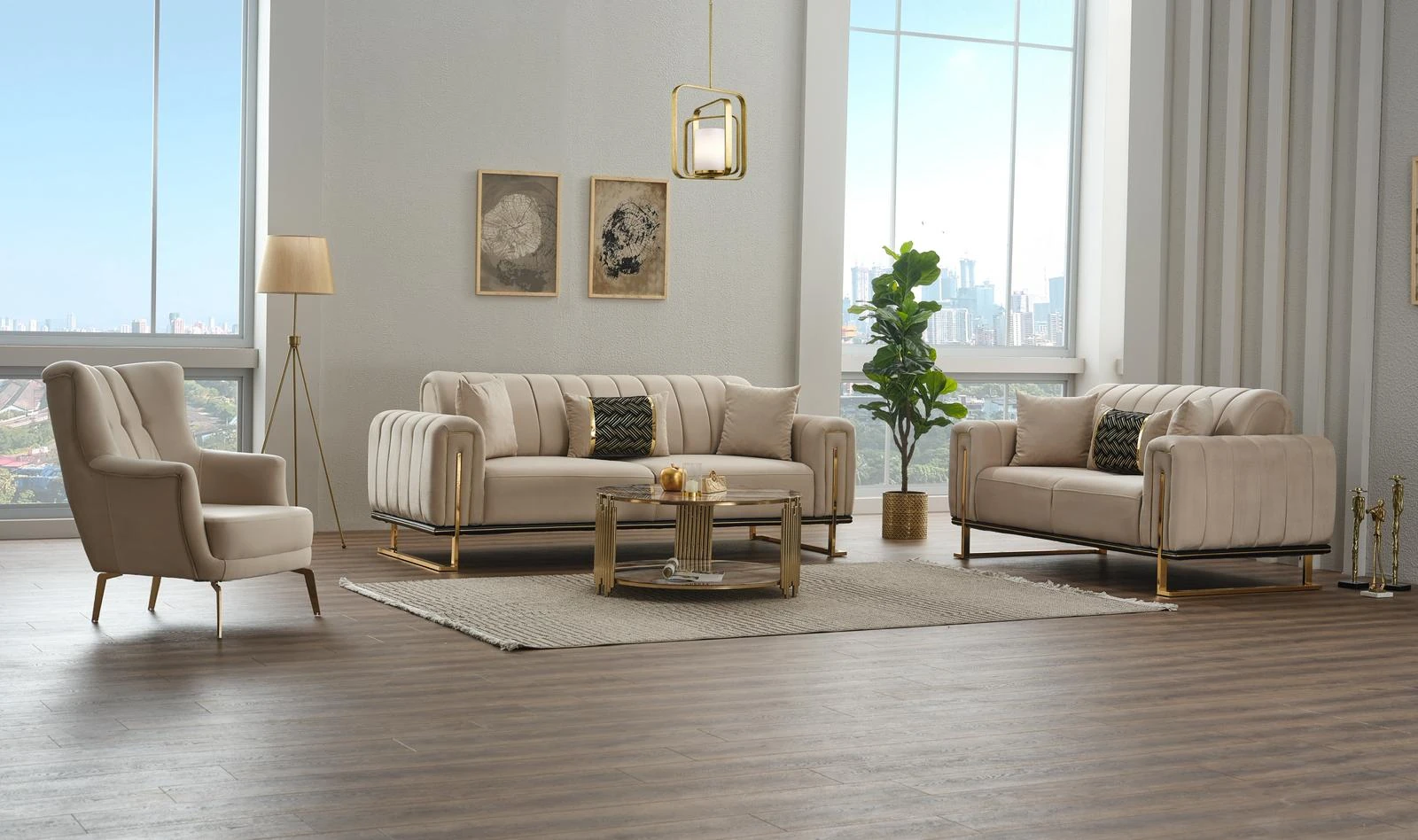 Marmara Mondo Channel Sofa Set — Beige, Beige