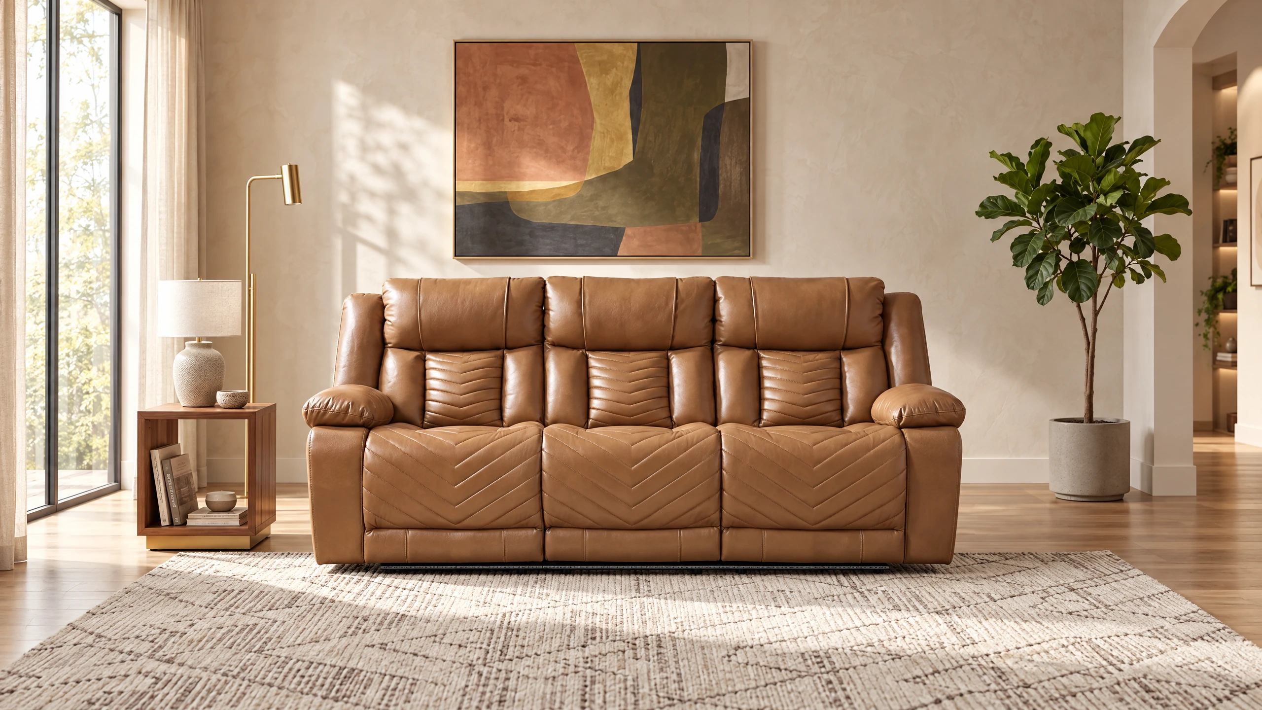 Huron 8457BRW-3PW brown PU faux-leather three-seat power reclining sofa in a digitally styled room, with the recliners closed