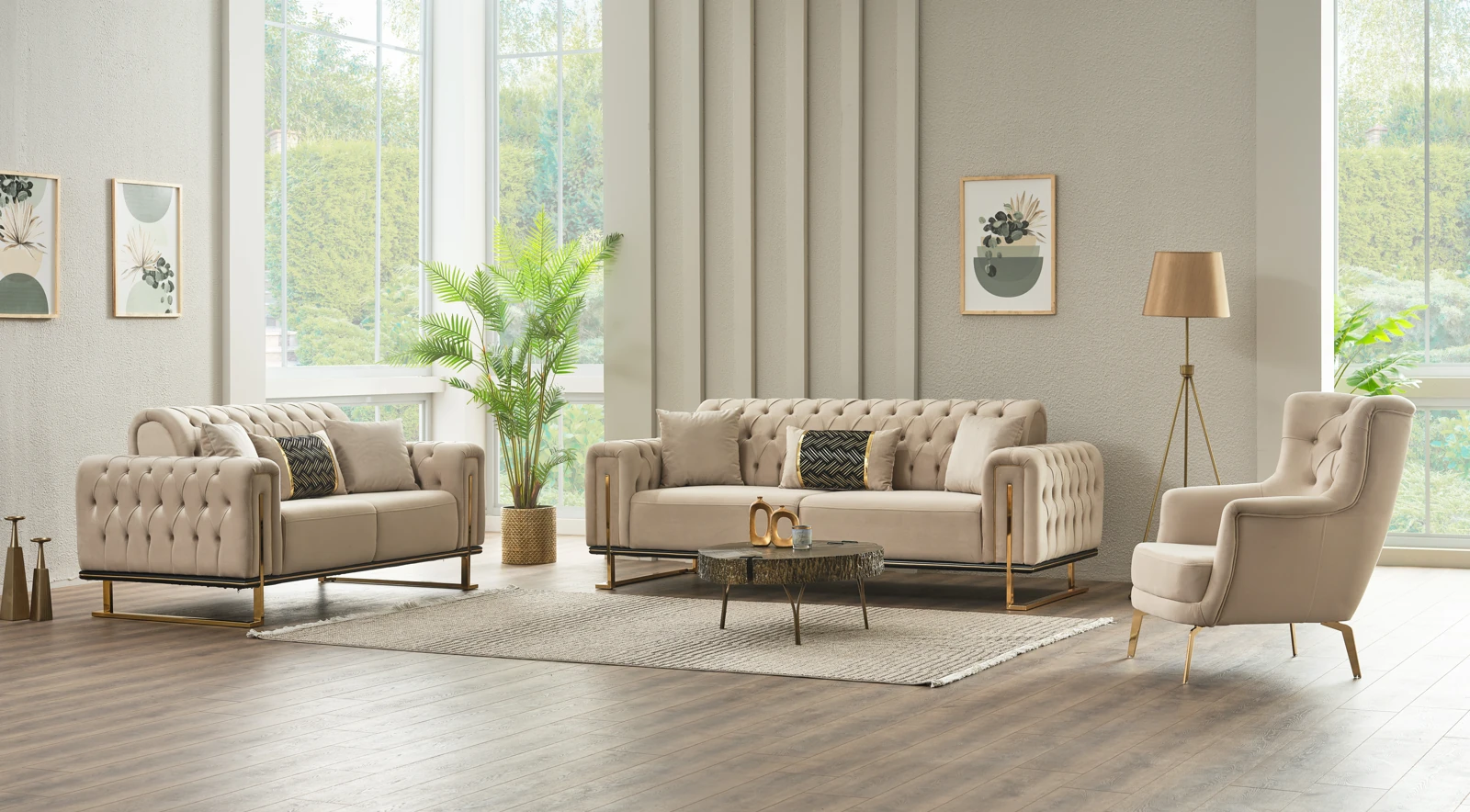 Marmara Mondo Tufted Sofa Set — Beige, Beige